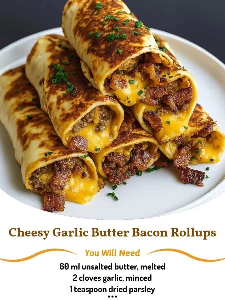 Delicious cheesy garlic butter bacon rollups served on a platter.