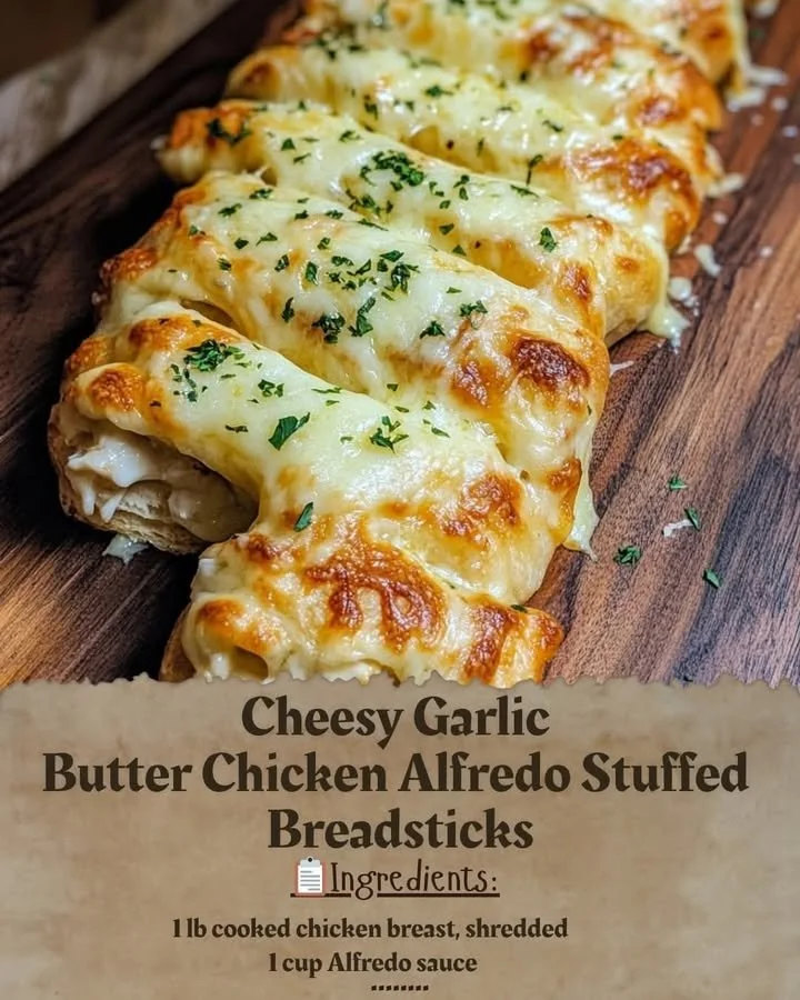 Cheesy garlic butter chicken alfredo stuffed breadsticks on a plate.