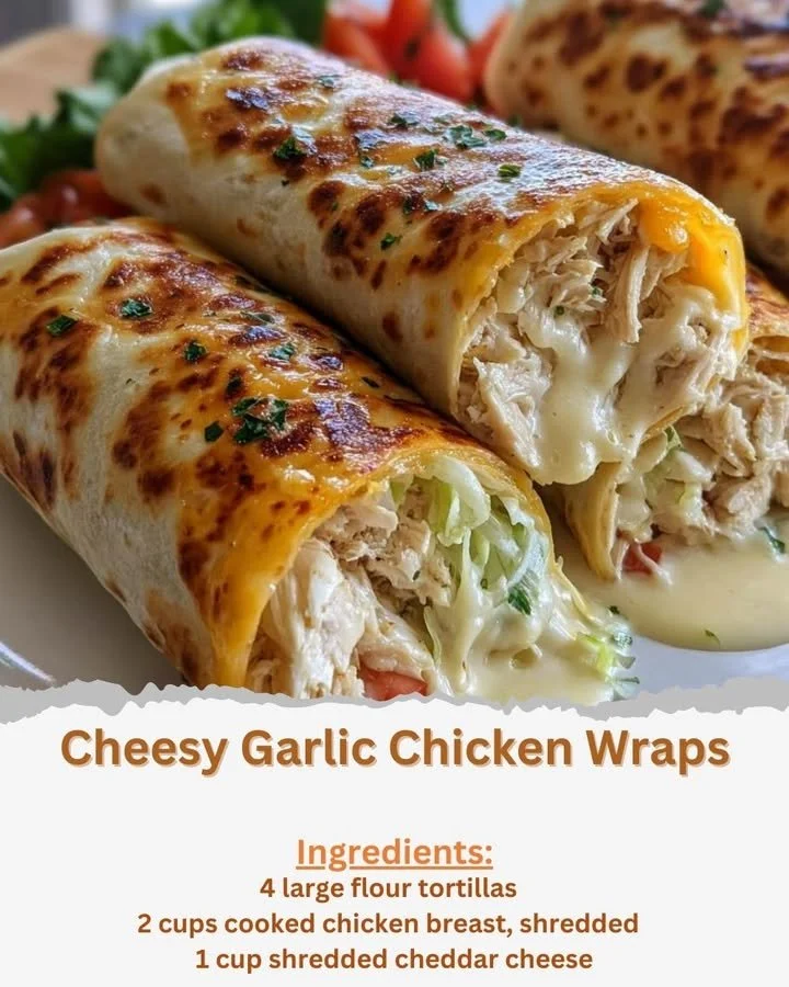 Cheesy Garlic Chicken Wraps with fresh ingredients and melted cheese