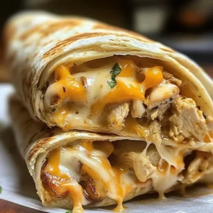Cheesy garlic chicken wraps ready to be served, showcasing melted cheese and fresh ingredients.