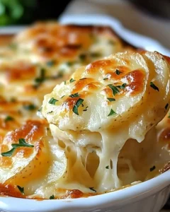 Cheesy garlic scalloped potatoes baked to perfection with layers of flavor.
