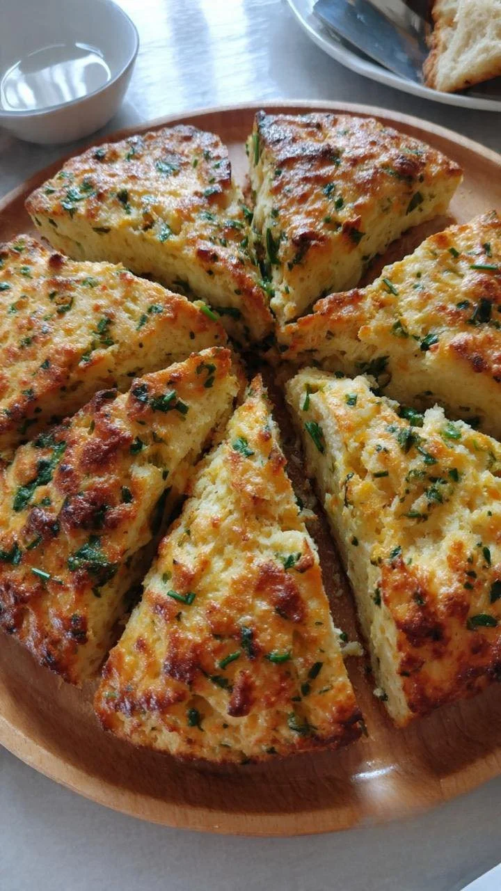 Cheesy garlic sourdough scones on a wooden board