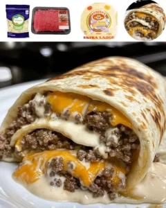 Cheesy Ground Beef Delight Wrap with Creamy Sauce ready to serve.