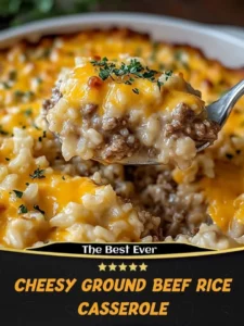 Cheesy Ground Beef Rice Casserole dish topped with melted cheese