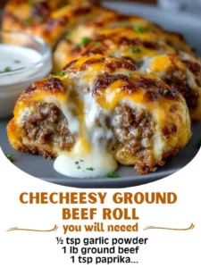 Cheesy Ground Beef Roll topped with melted cheese and garnished with herbs
