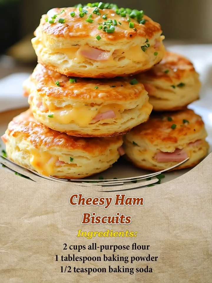 Cheesy ham biscuits served on a plate with herbs garnishing