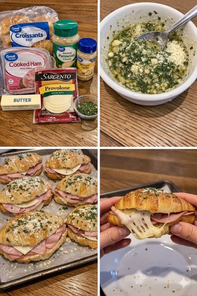 Cheesy ham croissant sandwich with melted cheese and ham filling