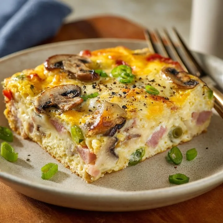 Cheesy Ham and Veggie No-Crust Breakfast Bake in a baking dish