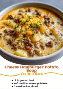 Bowl of cheesy hamburger potato soup topped with herbs.