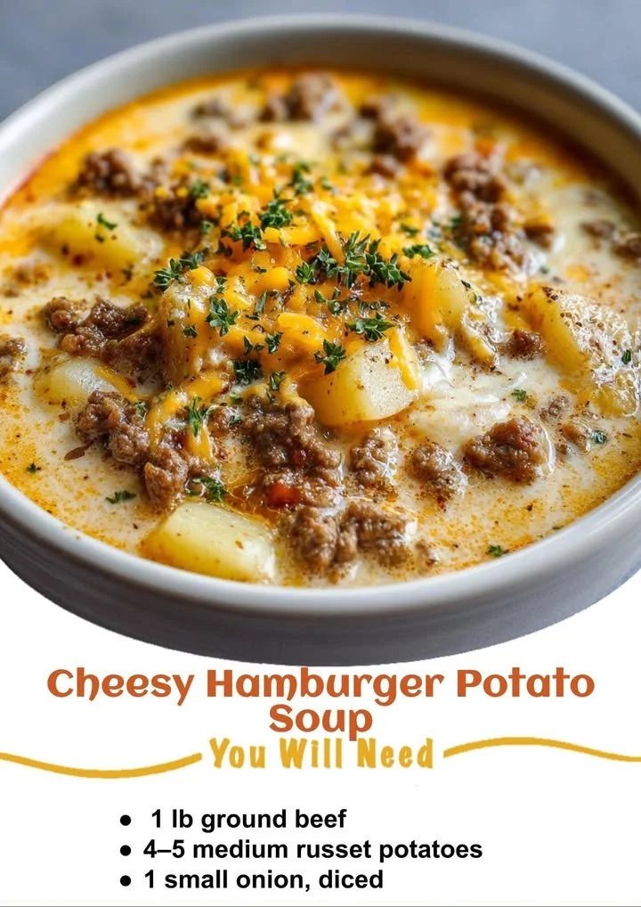 Bowl of cheesy hamburger potato soup topped with herbs.
