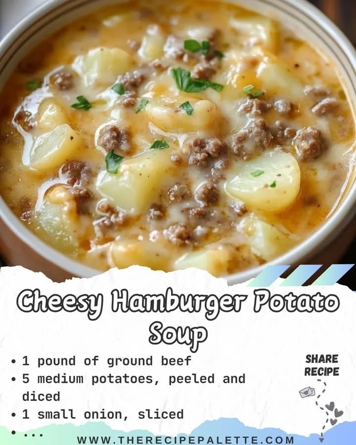 Bowl of cheesy hamburger potato soup with colorful vegetables and cheese