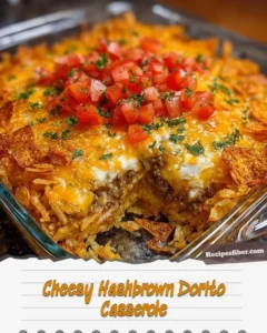 Cheesy Hashbrown Dorito Casserole served in a baking dish