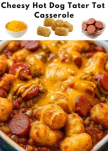 Cheesy Hot Dog Tater Tot Casserole topped with melted cheese and crispy tots