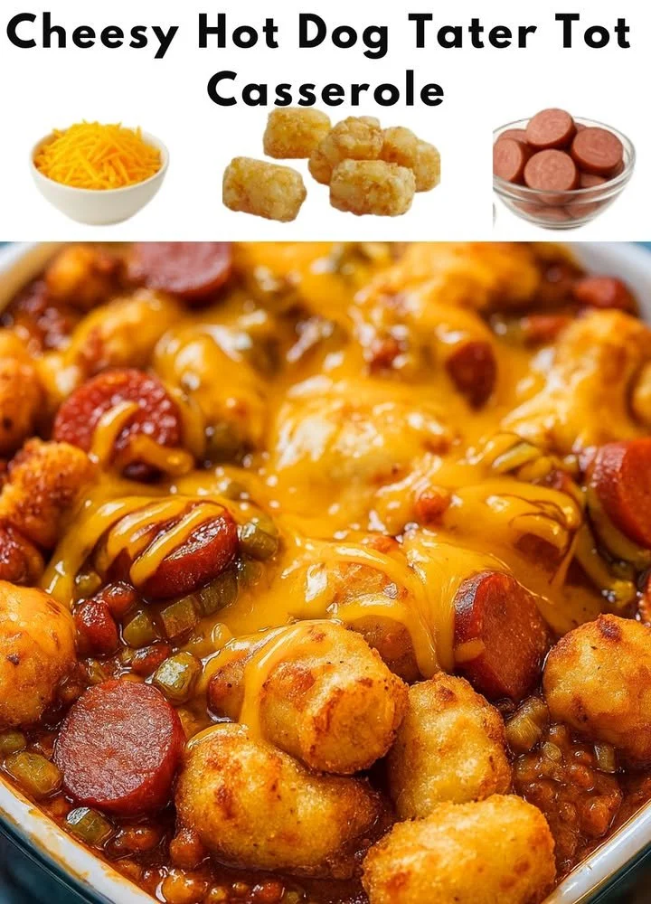 Cheesy Hot Dog Tater Tot Casserole topped with melted cheese and crispy tots