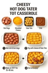 Cheesy Hot Dog Tater Tot Casserole dish with golden tater tots and melted cheese