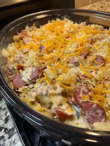 Cheesy Kielbasa Hashbrown Casserole served in a baking dish