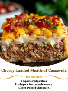 Cheesy Loaded Meatloaf Casserole topped with gooey cheese and savory ingredients
