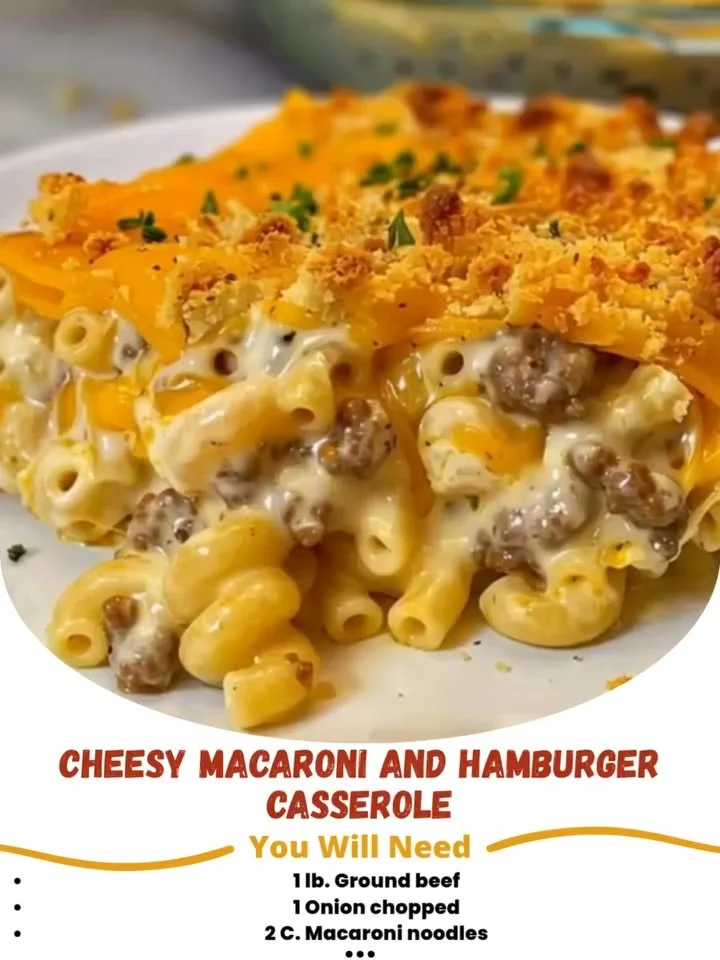 Cheesy macaroni and hamburger casserole served in a baking dish