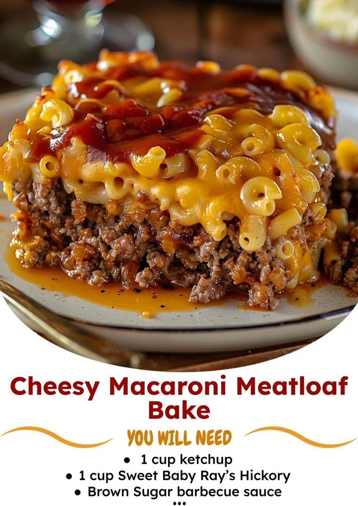 Cheesy Macaroni Meatloaf Bake served in a dish, topped with melted cheese