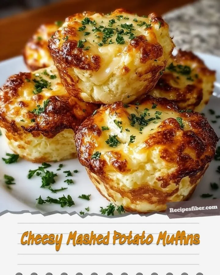Cheesy mashed potato muffins served on a plate, garnished with chives.