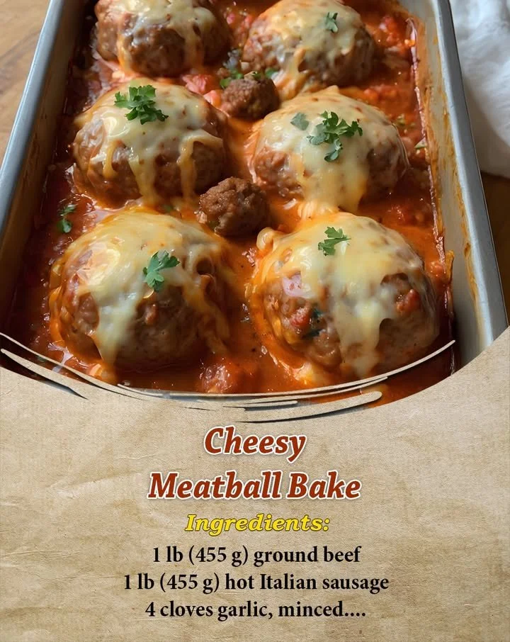 Cheesy meatball bake topped with melted cheese and herbs in a baking dish