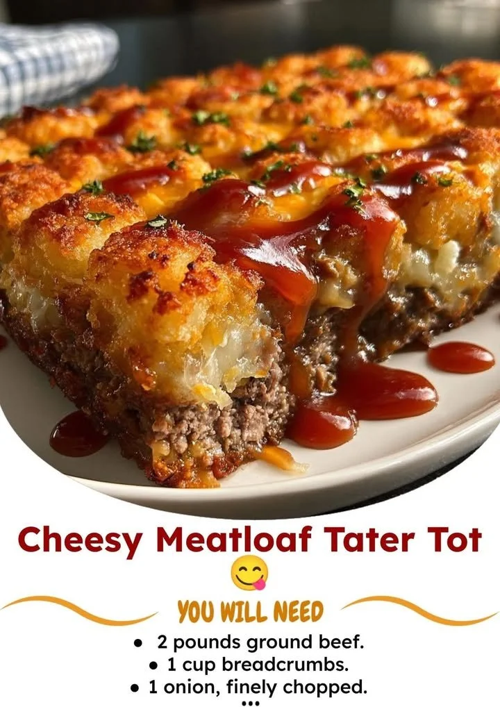 Cheesy Meatloaf Tater Tot served on a plate with melted cheese and crispy edges.