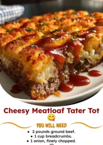 Cheesy Meatloaf Tater Tot served on a plate, topped with melted cheese and herbs.