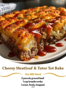 Cheesy meatloaf and tater tot bake served in a casserole dish