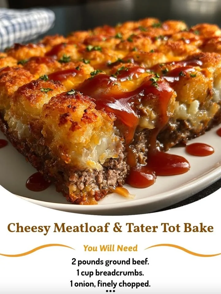 Cheesy Meatloaf & Tater Tot Bake served on a plate, showcasing melted cheese and crispy tots.