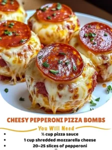 Cheesy pepperoni pizza bombs served on a plate with melted cheese