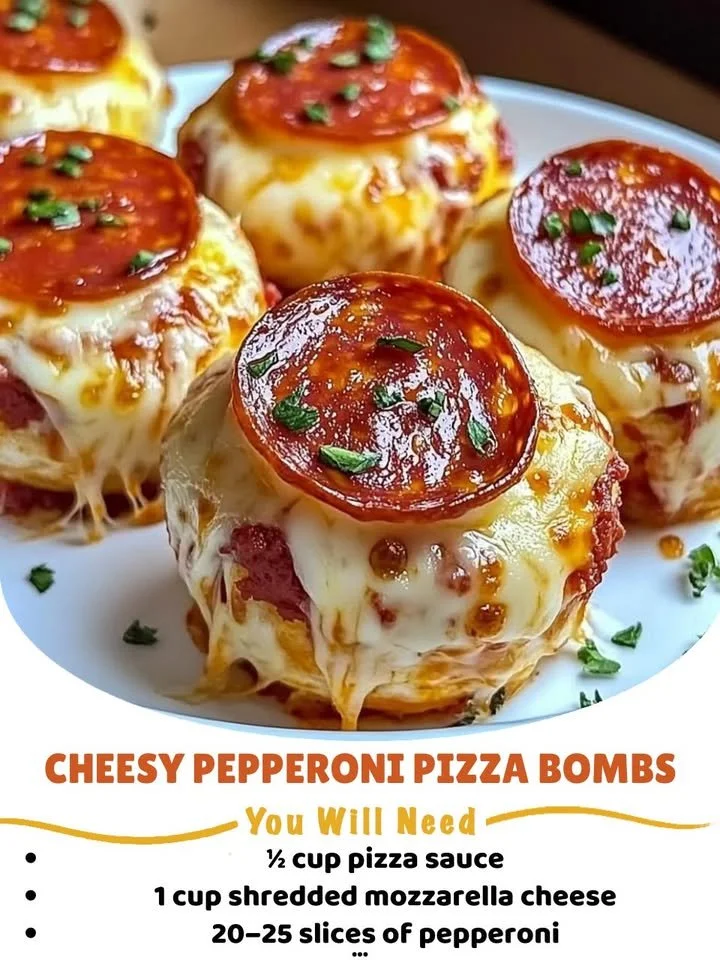 Cheesy pepperoni pizza bombs served on a plate with melted cheese