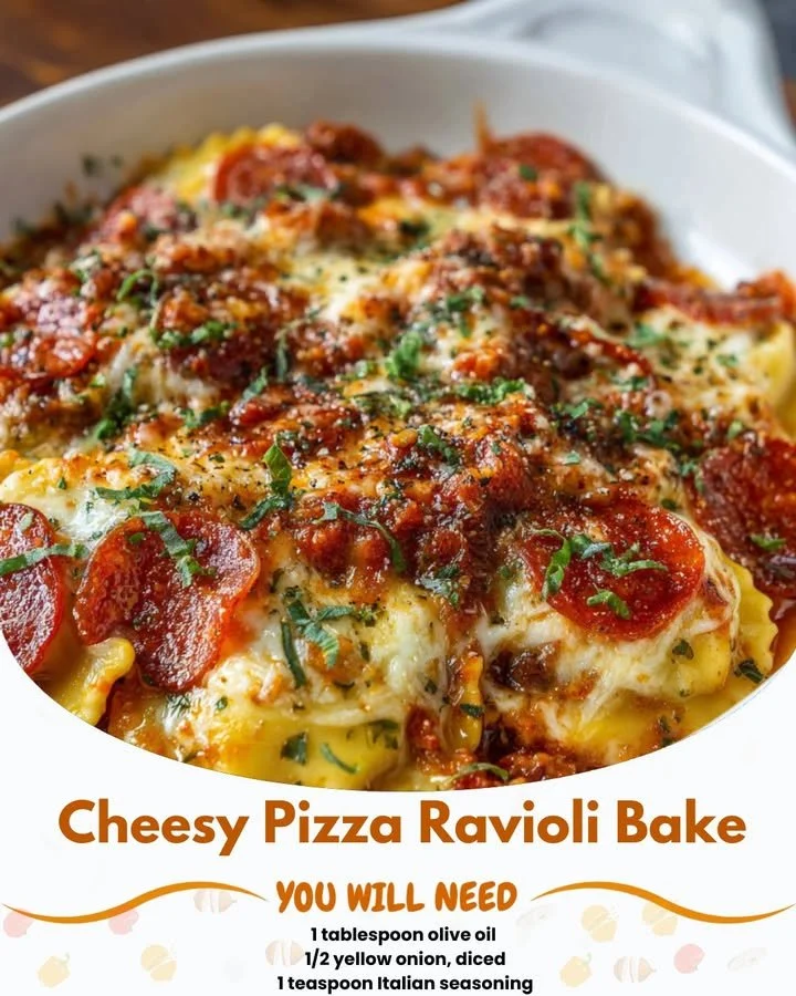 Delicious cheesy pizza ravioli bake fresh out of the oven with melted cheese.