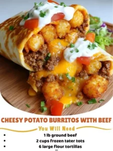 Cheesy potato burritos filled with beef, served on a plate