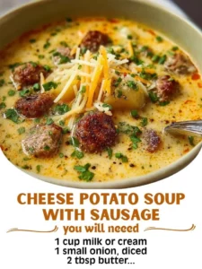Bowl of cheesy potato soup with sausage and toppings.