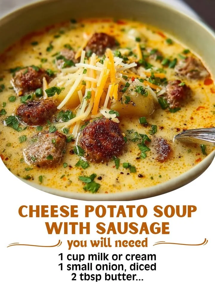 Bowl of cheesy potato soup with sausage and toppings.