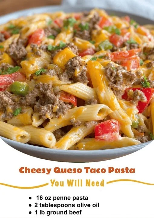 Delicious cheesy queso taco pasta served in a bowl.