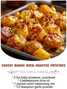 Plate of cheesy ranch oven-roasted potatoes garnished with herbs