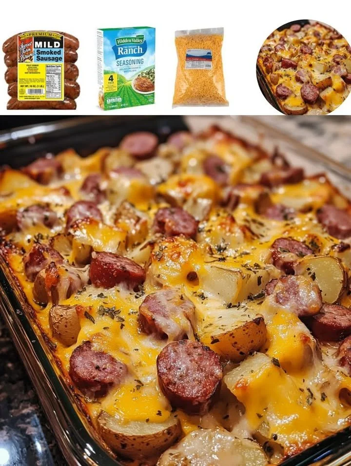 Delicious Cheesy Ranch Potatoes with Sausage served in a baking dish