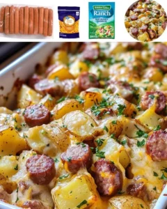 Cheesy Ranch Potatoes and Sausage dish topped with melted cheese