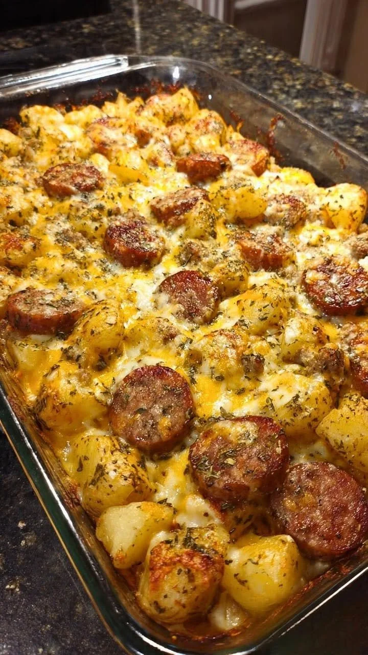 Delicious Cheesy Ranch Potatoes with Smoked Sausage served in a bowl