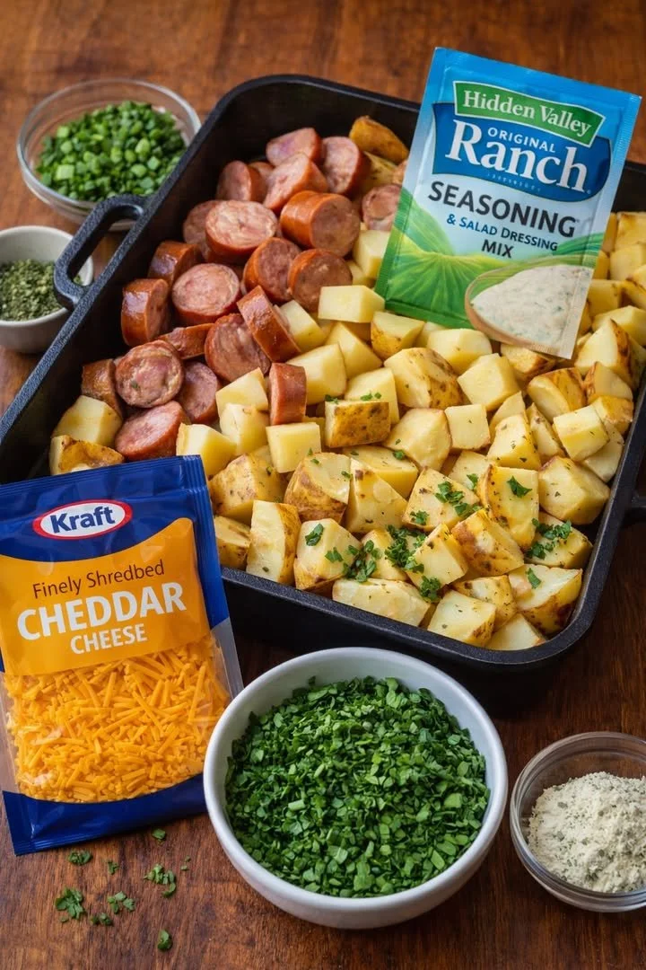 Cheesy ranch potatoes and sausage bake served in a casserole dish