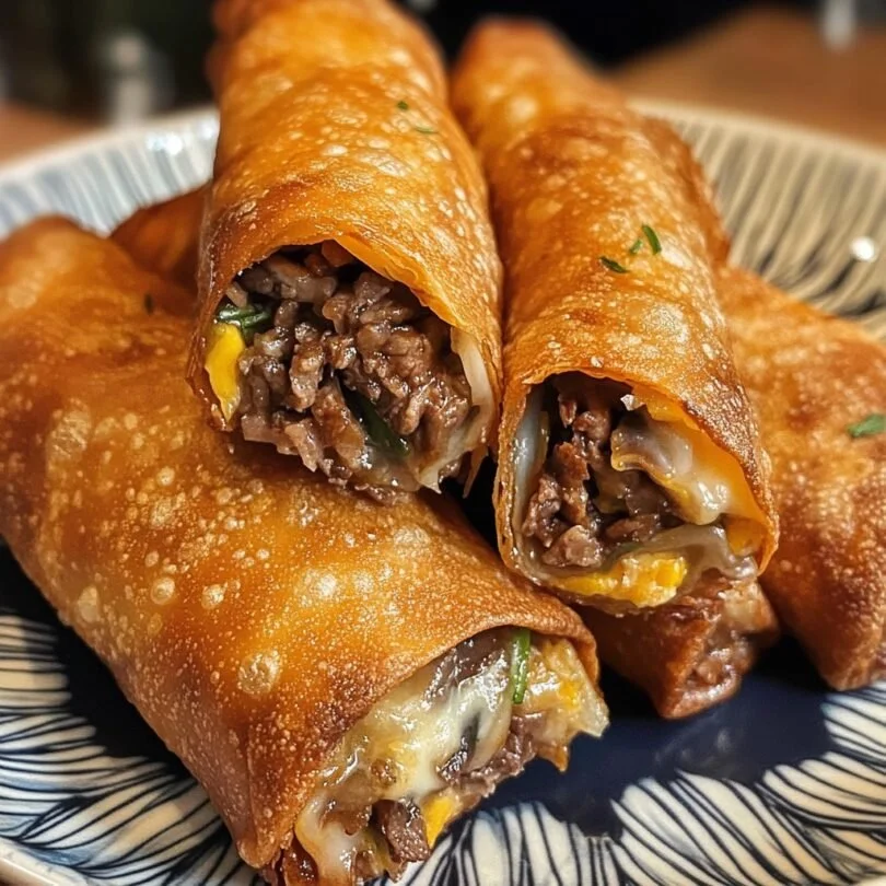Cheesy ribeye steak egg rolls served with dipping sauce