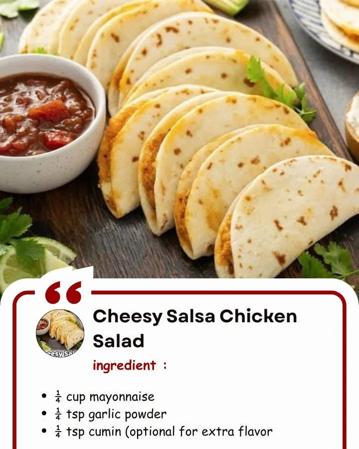 Delicious Cheesy Salsa Chicken Salad topped with fresh ingredients