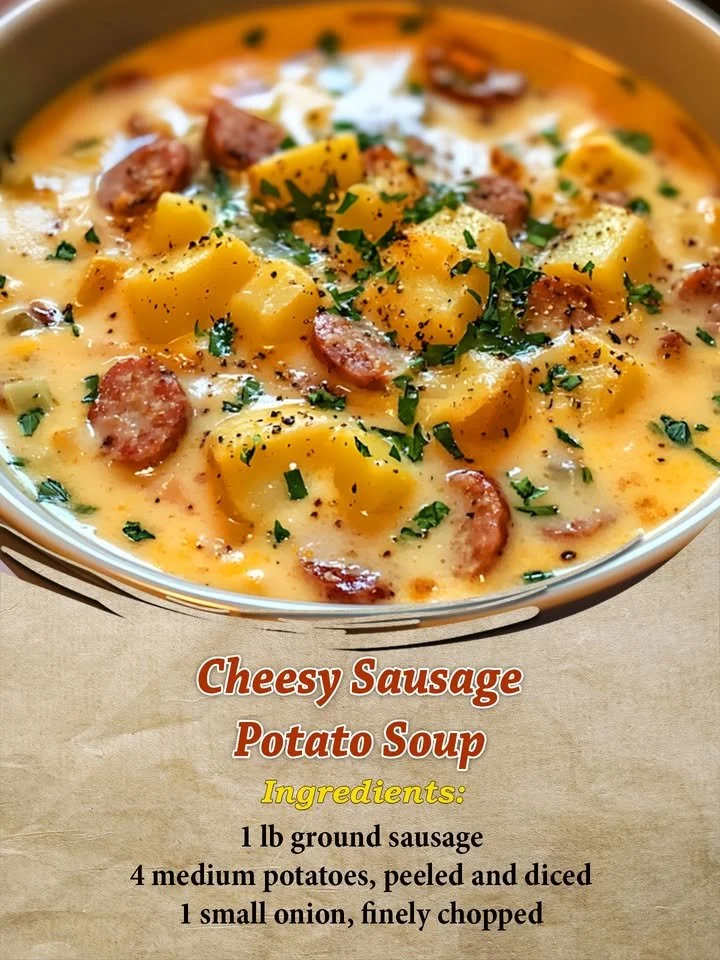 Bowl of cheesy sausage potato soup topped with green onions and cheese