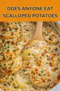 Cheesy scalloped potatoes baked to golden perfection, garnished with fresh herbs.