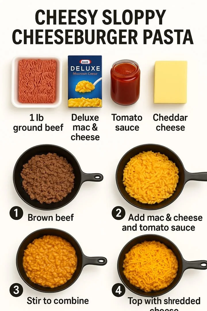 Bowl of Cheesy Sloppy Cheeseburger Pasta topped with melted cheese and herbs