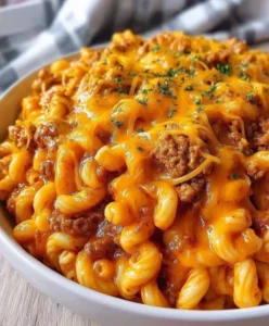 Cheesy Sloppy Cheeseburger Pasta in a bowl garnished with herbs.