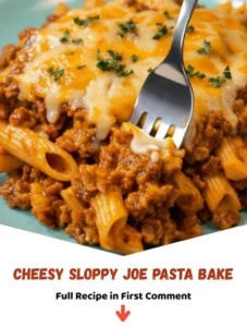 Cheesy Sloppy Joe Pasta Bake topped with melted cheese and herbs