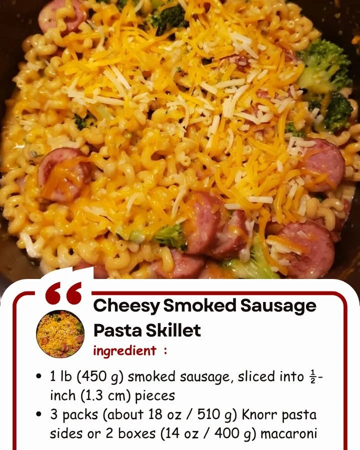 Cheesy Smoked Sausage Pasta Skillet dish topped with parsley in a skillet