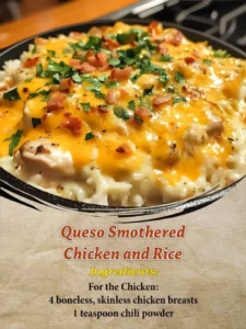 Delicious cheesy smothered chicken served with rice on a plate.